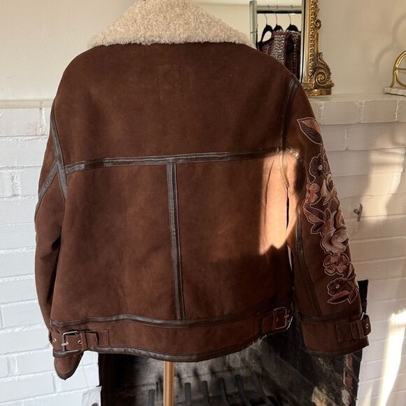 Free People Andies Vegan Moto Jacket We The Free Faux Fur Brown Floral - Picture 9 of 9
